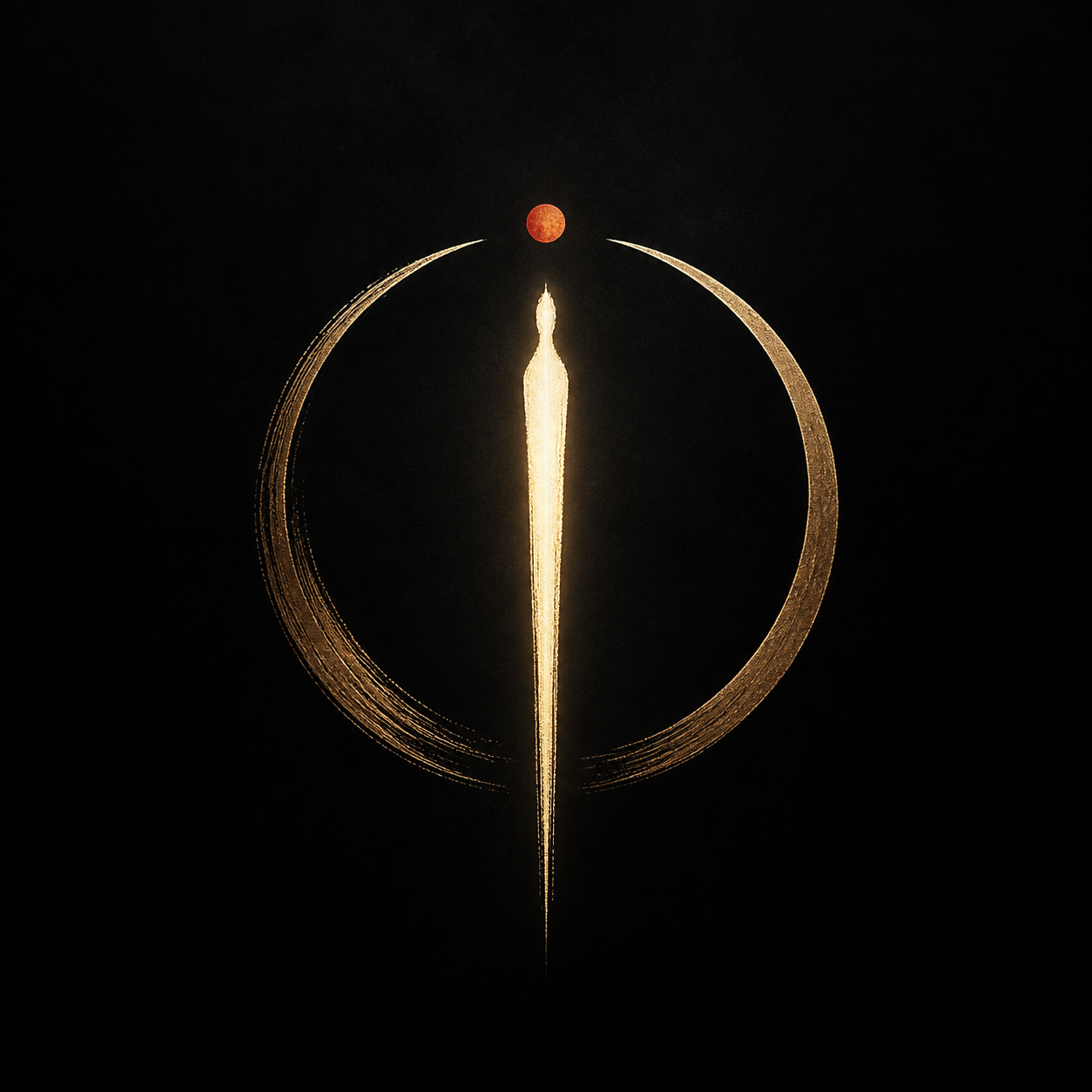 Unbow abstract emblem: a circular order, a vertical light, and an unbent human silhouette
